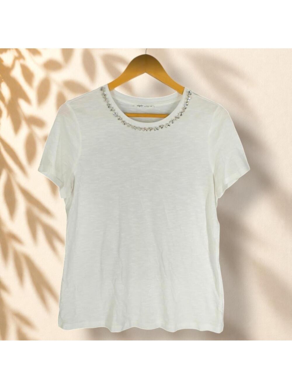 Edgely T-Shirt Women M Medium White Short Sleeve Rhinestone Cotton Casual Solid
